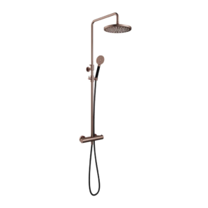 Hotbath Cobber SDS9 opbouw regendoucheset met ronde handdouche en 30cm ronde hoofddouche aan glijstang geborsteld koper PVD - Loodgieter in hengelo