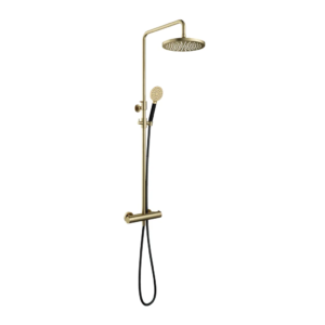 Hotbath Cobber SDS9 opbouw regendoucheset met ronde handdouche en 30cm ronde hoofddouche aan glijstang geborsteld messing - Loodgieter in hengelo