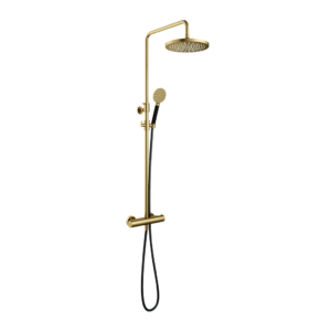 Hotbath Cobber SDS9 opbouw regendoucheset met ronde handdouche en 30cm ronde hoofddouche aan glijstang geborsteld messing PVD - Loodgieter in hengelo
