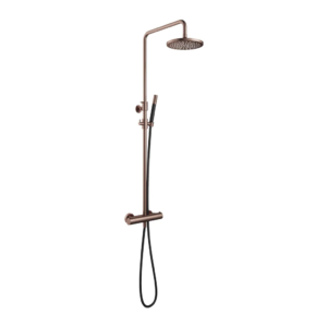 Hotbath Cobber SDS9 opbouw regendoucheset met staafhanddouche en 20cm ronde hoofddouche aan glijstang geborsteld koper PVD - Loodgieter in hengelo