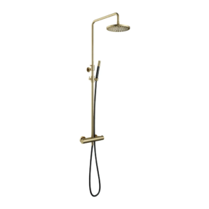 Hotbath Cobber SDS9 opbouw regendoucheset met staafhanddouche en 20cm ronde hoofddouche aan glijstang geborsteld messing - Loodgieter in hengelo