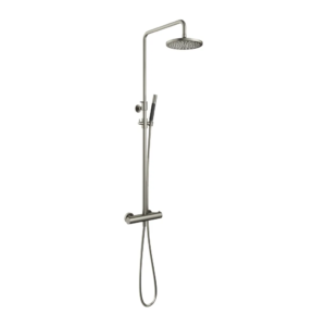 Hotbath Cobber SDS9 opbouw regendoucheset met staafhanddouche en 20cm ronde hoofddouche aan glijstang geborsteld nikkel - Loodgieter in hengelo