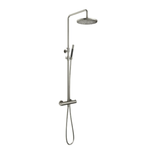 Hotbath Cobber SDS9 opbouw regendoucheset met staafhanddouche en 30cm ronde hoofddouche aan glijstang geborsteld nikkel - Loodgieter in hengelo