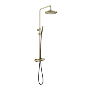 Hotbath Cobber SDS9 opbouw regendoucheset met staafhanddouche en 30cm ronde hoofddouche aan glijstang geborsteld messing - Loodgieter in hengelo