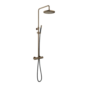 Hotbath Cobber SDS9 opbouw regendoucheset met staafhanddouche en 30cm ronde hoofddouche aan glijstang verouderd messing - Loodgieter in hengelo
