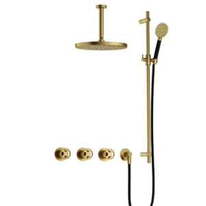 Hotbath Cobber @Work IBSW70 inbouw regendoucheset met ronde handdouche aan glijstang en 30cm ronde hoofddouche aan 15cm plafondarm geborsteld messing - Loodgieter in hengelo