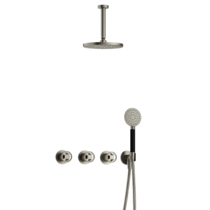Hotbath Cobber @Work IBSW70 inbouw regendoucheset met ronde handdouche aan houder en 20cm ronde hoofddouche aan 15cm plafondarm geborsteld nikkel - Loodgieter in hengelo