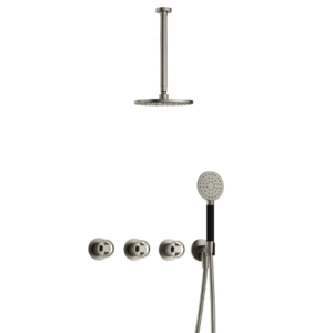 Hotbath Cobber @Work IBSW70 inbouw regendoucheset met ronde handdouche aan houder en 20cm ronde hoofddouche aan 30cm plafondarm geborsteld nikkel - Loodgieter in hengelo