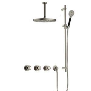 Hotbath Cobber @Work IBSW70 inbouw regendoucheset met ronde handdouche aan glijstang en 30cm ronde hoofddouche aan 15cm plafondarm geborsteld nikkel - Loodgieter in hengelo