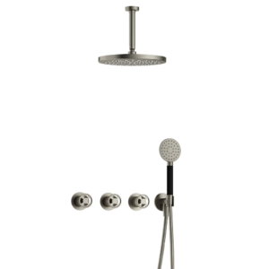 Hotbath Cobber @Work IBSW70 inbouw regendoucheset met ronde handdouche aan houder en 30cm ronde hoofddouche aan 15cm plafondarm geborsteld nikkel - Loodgieter in hengelo