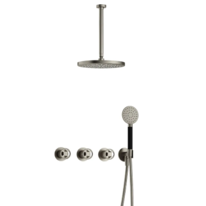 Hotbath Cobber @Work IBSW70 inbouw regendoucheset met ronde handdouche aan houder en 30cm ronde hoofddouche aan 30cm plafondarm geborsteld nikkel - Loodgieter in hengelo