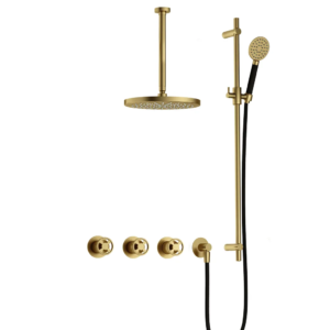 Hotbath Cobber @Work IBSW70 inbouw regendoucheset met ronde handdouche aan glijstang en 30cm ronde hoofddouche aan 30cm plafondarm geborsteld messing - Loodgieter in hengelo