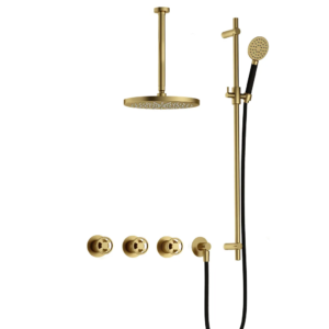 Hotbath Cobber @Work IBSW70 inbouw regendoucheset met ronde handdouche aan glijstang en 30cm ronde hoofddouche aan 30cm plafondarm geborsteld messing - Loodgieter in hengelo