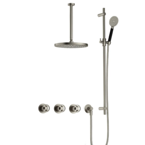 Hotbath Cobber @Work IBSW70 inbouw regendoucheset met ronde handdouche aan glijstang en 30cm ronde hoofddouche aan 30cm plafondarm geborsteld nikkel - Loodgieter in hengelo