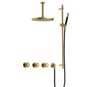 Hotbath Cobber @Work IBSW70 inbouw regendoucheset met staafhanddouche aan glijstang en 30cm ronde hoofddouche aan 15cm plafondarm geborsteld messing P - Loodgieter in hengelo