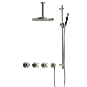 Hotbath Cobber @Work IBSW70 inbouw regendoucheset met staafhanddouche aan glijstang en 30cm ronde hoofddouche aan 15cm plafondarm geborsteld nikkel - Loodgieter in hengelo