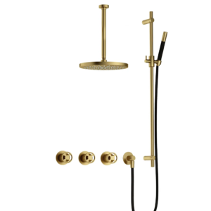 Hotbath Cobber @Work IBSW70 inbouw regendoucheset met staafhanddouche aan glijstang en 30cm ronde hoofddouche aan 30cm plafondarm geborsteld messing P - Loodgieter in hengelo