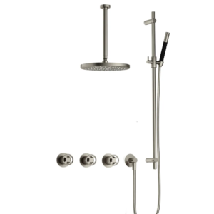 Hotbath Cobber @Work IBSW70 inbouw regendoucheset met staafhanddouche aan glijstang en 30cm ronde hoofddouche aan 30cm plafondarm geborsteld nikkel - Loodgieter in hengelo