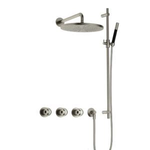 Hotbath Cobber @Work IBSW70 inbouw regendoucheset met staafhanddouche aan glijstang en 30cm ronde hoofddouche aan 40cm wandarm geborsteld nikkel - Loodgieter in hengelo