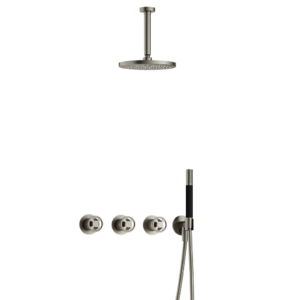 Hotbath Cobber @Work IBSW70 inbouw regendoucheset met staafhanddouche aan houder en 20cm ronde hoofddouche aan 15cm plafondarm geborsteld nikkel - Loodgieter in hengelo