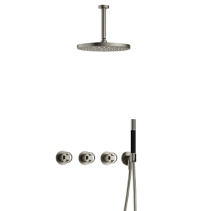 Hotbath Cobber @Work IBSW70 inbouw regendoucheset met staafhanddouche aan houder en 30cm ronde hoofddouche aan 15cm plafondarm geborsteld nikkel - Loodgieter in hengelo