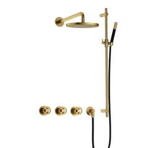 Hotbath Cobber @Work IBSW70 inbouw regendoucheset met staafhanddouche aan glijstang en 20cm ronde hoofddouche aan 40cm wandarm geborsteld messing PVD - Loodgieter in hengelo