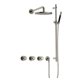 Hotbath Cobber @Work IBSW70 inbouw regendoucheset met staafhanddouche aan glijstang en 20cm ronde hoofddouche aan 40cm wandarm geborsteld nikkel - Loodgieter in hengelo