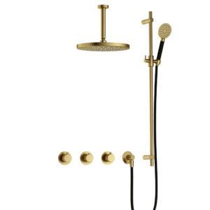 Hotbath Cobber X IBSX70 inbouw regendoucheset met ronde handdouche aan glijstang en 30cm ronde hoofddouche aan 15cm plafondarm geborsteld messing PVD - Loodgieter in hengelo