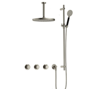 Hotbath Cobber X IBSX70 inbouw regendoucheset met ronde handdouche aan glijstang en 30cm ronde hoofddouche aan 15cm plafondarm geborsteld nikkel - Loodgieter in hengelo