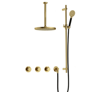 Hotbath Cobber X IBSX70 inbouw regendoucheset met ronde handdouche aan glijstang en 30cm ronde hoofddouche aan 30cm plafondarm geborsteld messing PVD - Loodgieter in hengelo