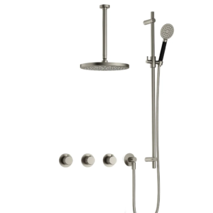 Hotbath Cobber X IBSX70 inbouw regendoucheset met ronde handdouche aan glijstang en 30cm ronde hoofddouche aan 30cm plafondarm geborsteld nikkel - Loodgieter in hengelo