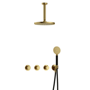 Hotbath Cobber X IBSX70 inbouw regendoucheset met ronde handdouche aan houder en 20cm ronde hoofddouche aan 15cm plafondarm geborsteld messing PVD - Loodgieter in hengelo