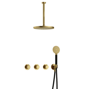 Hotbath Cobber X IBSX70 inbouw regendoucheset met ronde handdouche aan houder en 30cm ronde hoofddouche aan 30cm plafondarm geborsteld messing PVD - Loodgieter in hengelo