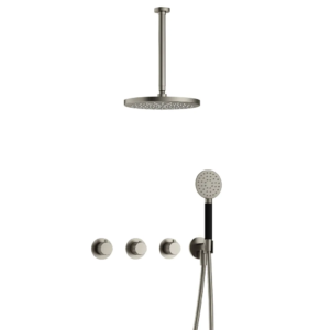 Hotbath Cobber X IBSX70 inbouw regendoucheset met ronde handdouche aan houder en 30cm ronde hoofddouche aan 30cm plafondarm geborsteld nikkel - Loodgieter in hengelo