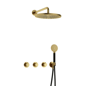 Hotbath Cobber X IBSX70 inbouw regendoucheset met ronde handdouche aan houder en 30cm ronde hoofddouche aan 40cm wandarm geborsteld messing PVD - Loodgieter in hengelo