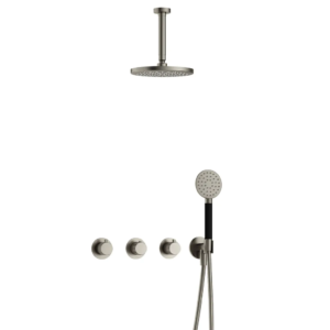 Hotbath Cobber X IBSX70 inbouw regendoucheset met ronde handdouche aan houder en 20cm ronde hoofddouche aan 15cm plafondarm geborsteld nikkel - Loodgieter in hengelo