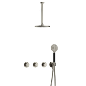 Hotbath Cobber X IBSX70 inbouw regendoucheset met ronde handdouche aan houder en 20cm ronde hoofddouche aan 30cm plafondarm geborsteld nikkel - Loodgieter in hengelo