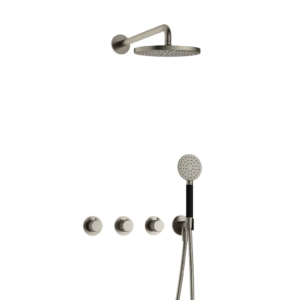 Hotbath Cobber X IBSX70 inbouw regendoucheset met ronde handdouche aan houder en 20cm ronde hoofddouche aan 40cm wandarm geborsteld nikkel - Loodgieter in hengelo