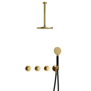 Hotbath Cobber X IBSX70 inbouw regendoucheset met ronde handdouche aan houder en 20cm ronde hoofddouche aan 30cm plafondarm geborsteld messing PVD - Loodgieter in hengelo