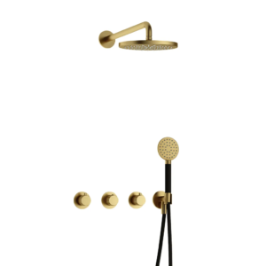 Hotbath Cobber X IBSX70 inbouw regendoucheset met ronde handdouche aan houder en 20cm ronde hoofddouche aan 40cm wandarm geborsteld messing PVD - Loodgieter in hengelo