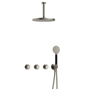 Hotbath Cobber X IBSX70 inbouw regendoucheset met ronde handdouche aan houder en 30cm ronde hoofddouche aan 15cm plafondarm geborsteld nikkel - Loodgieter in hengelo