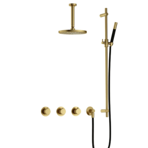 Hotbath Cobber X IBSX70 inbouw regendoucheset met staafhanddouche aan glijstang en 20cm ronde hoofddouche aan 15cm plafondarm geborsteld messing PVD - Loodgieter in hengelo
