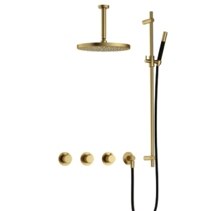 Hotbath Cobber X IBSX70 inbouw regendoucheset met staafhanddouche aan glijstang en 30cm ronde hoofddouche aan 15cm plafondarm geborsteld messing PVD - Loodgieter in hengelo