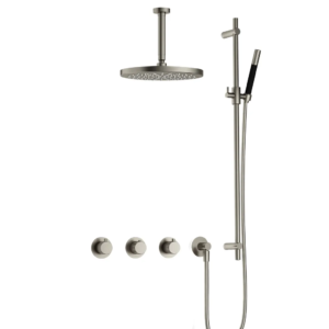 Hotbath Cobber X IBSX70 inbouw regendoucheset met staafhanddouche aan glijstang en 30cm ronde hoofddouche aan 15cm plafondarm geborsteld nikkel - Loodgieter in hengelo
