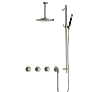 Hotbath Cobber X IBSX70 inbouw regendoucheset met staafhanddouche aan glijstang en 20cm ronde hoofddouche aan 15cm plafondarm geborsteld nikkel - Loodgieter in hengelo