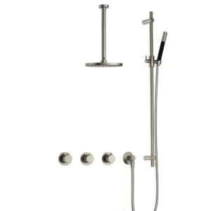 Hotbath Cobber X IBSX70 inbouw regendoucheset met staafhanddouche aan glijstang en 20cm ronde hoofddouche aan 30cm plafondarm geborsteld nikkel - Loodgieter in hengelo
