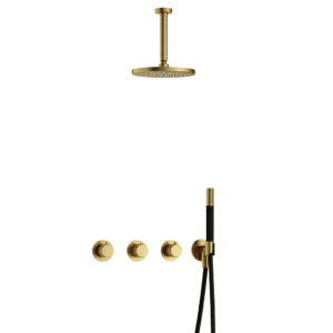 Hotbath Cobber X IBSX70 inbouw regendoucheset met staafhanddouche aan houder en 20cm ronde hoofddouche aan 15cm plafondarm geborsteld messing PVD - Loodgieter in hengelo