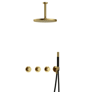Hotbath Cobber X IBSX70 inbouw regendoucheset met staafhanddouche aan houder en 30cm ronde hoofddouche aan 15cm plafondarm geborsteld messing PVD - Loodgieter in hengelo