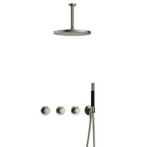 Hotbath Cobber X IBSX70 inbouw regendoucheset met staafhanddouche aan houder en 30cm ronde hoofddouche aan 15cm plafondarm geborsteld nikkel - Loodgieter in hengelo