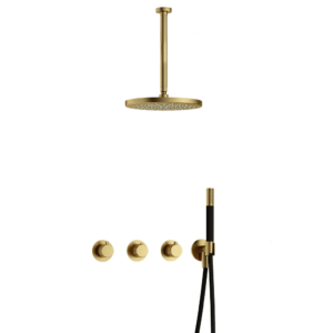 Hotbath Cobber X IBSX70 inbouw regendoucheset met staafhanddouche aan houder en 30cm ronde hoofddouche aan 30cm plafondarm geborsteld messing PVD - Loodgieter in hengelo